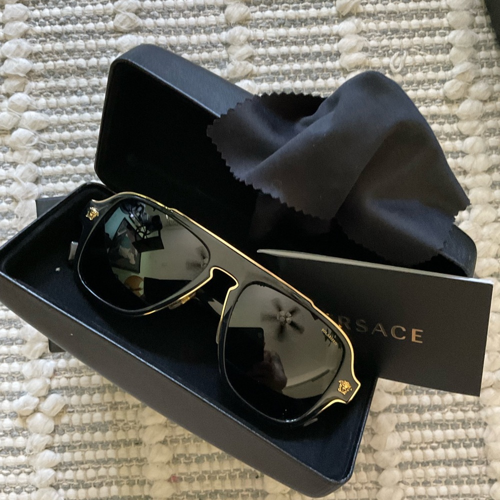 Versace Men's Sunglasses with Black Frame and Gold Detailing